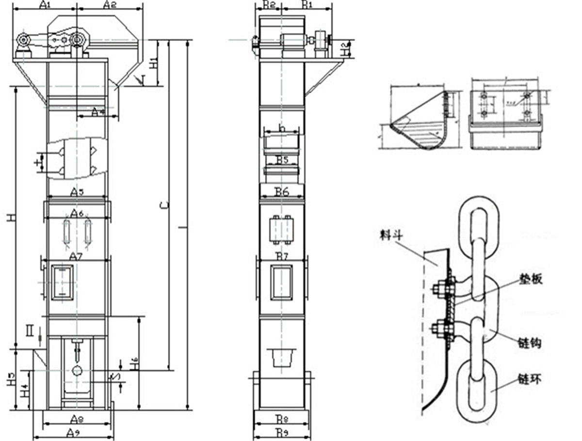 環鏈斗式提升機鏈條料斗裝配示意圖及安裝要求